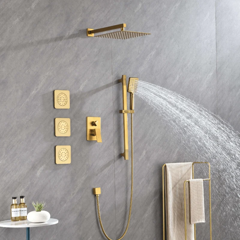 12" Rainfall Shower System with Square Shower Head - Brushed Gold -Bathlova