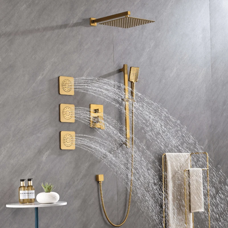 12" Rainfall Shower System with Square Shower Head - Brushed Gold -Bathlova