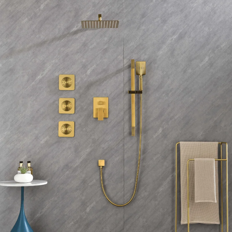 12" Rainfall Shower System with Square Shower Head - Brushed Gold -Bathlova