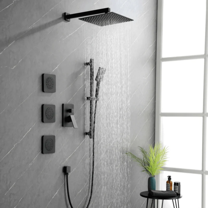 12" Rainfall Shower System with Square Shower Head - Matte Black -Bathlova