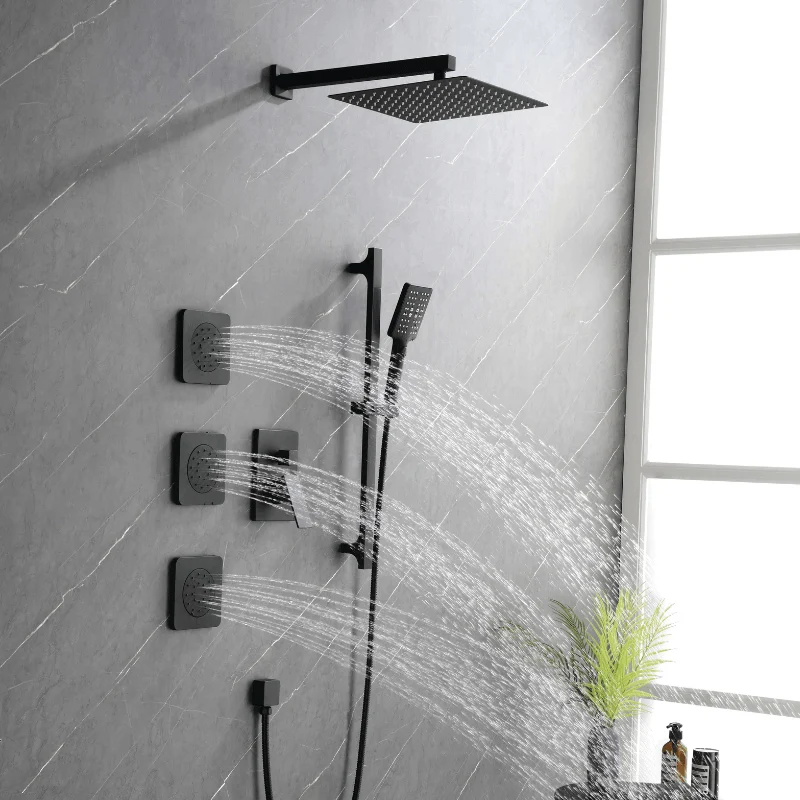 12" Rainfall Shower System with Square Shower Head - Matte Black -Bathlova