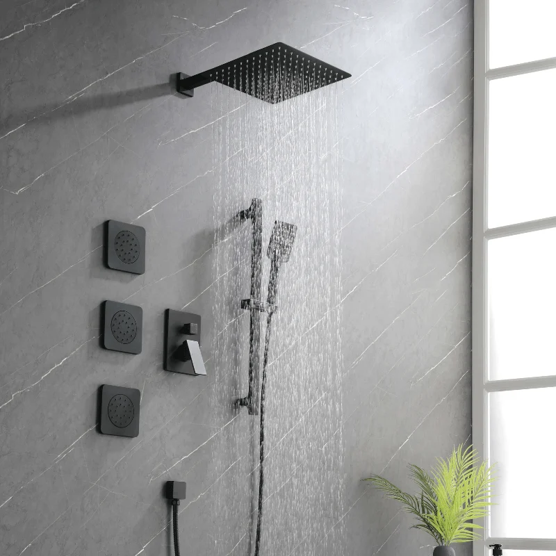 12" Rainfall Shower System with Square Shower Head - Matte Black -Bathlova