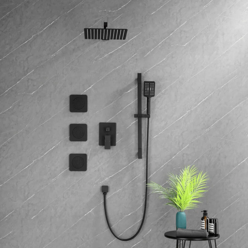 12" Rainfall Shower System with Square Shower Head - Matte Black -Bathlova