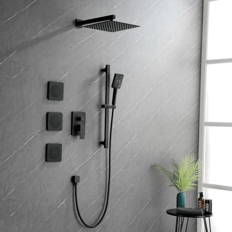 12" Rainfall Shower System with Square Shower Head - Matte Black -Bathlova