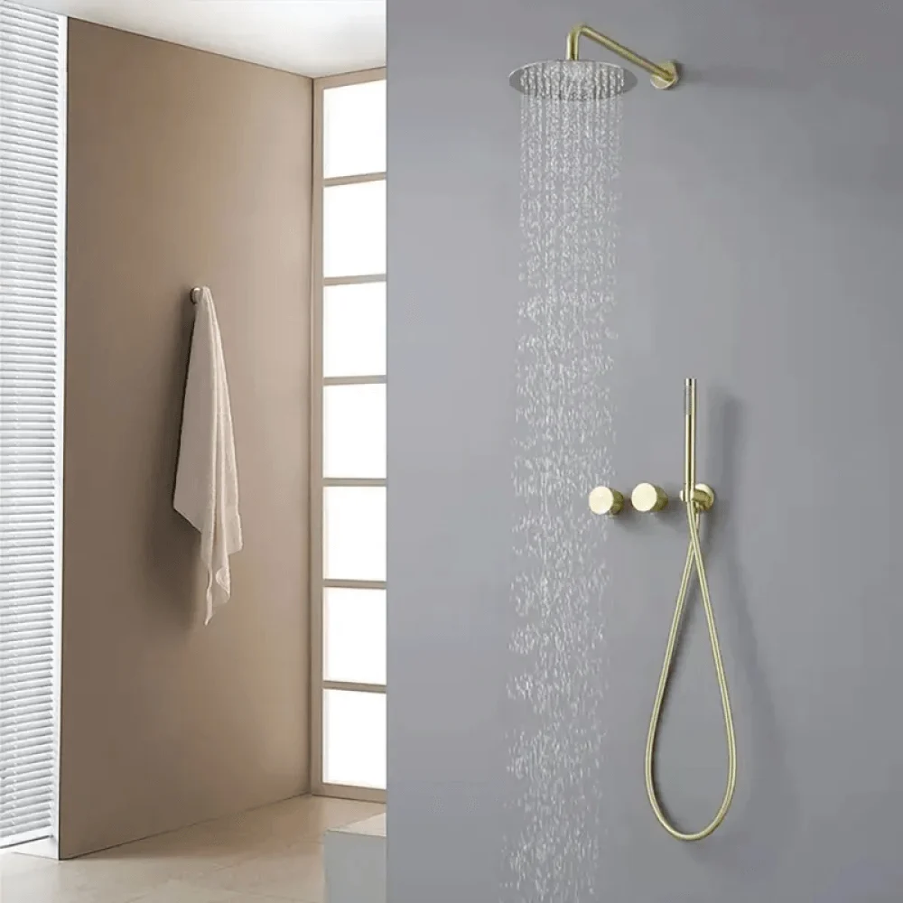 12" Wall-Mounted Rain Shower System with Hand Shower in Brushed Gold -Bathlova