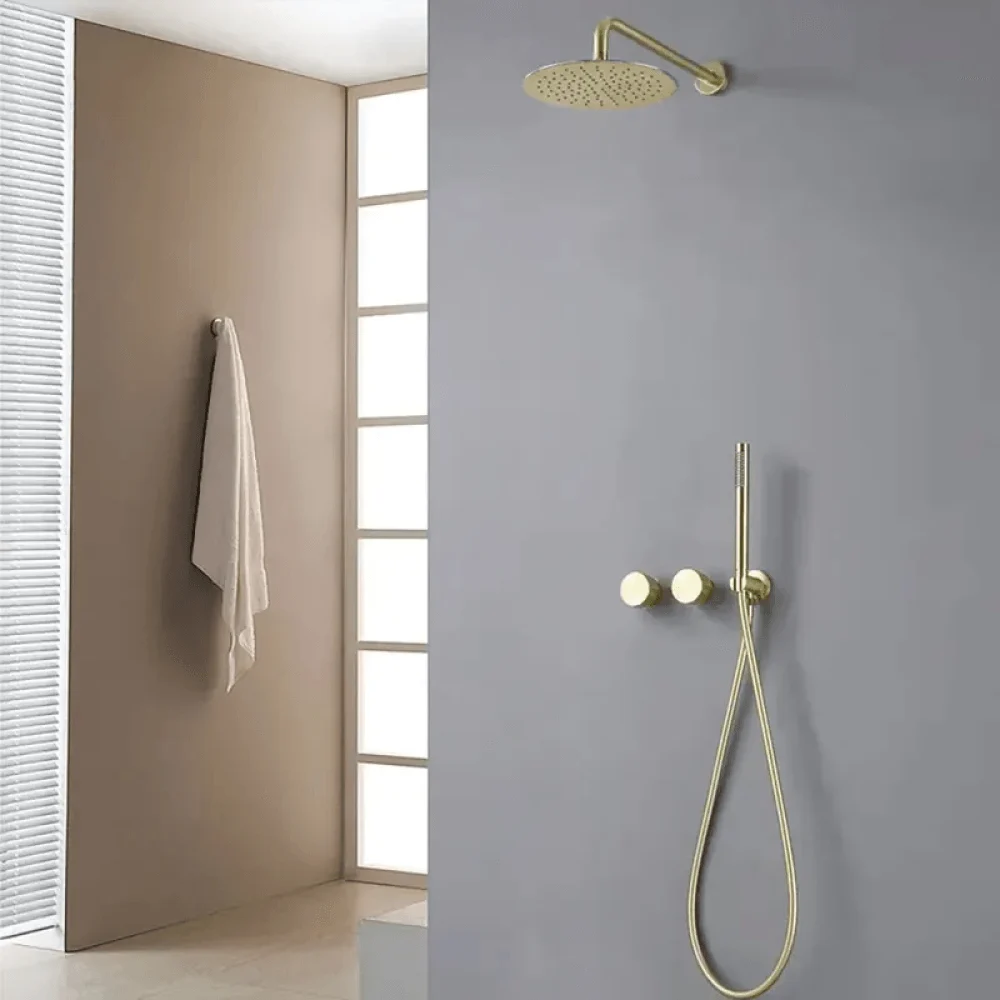 12" Wall-Mounted Rain Shower System with Hand Shower in Brushed Gold -Bathlova