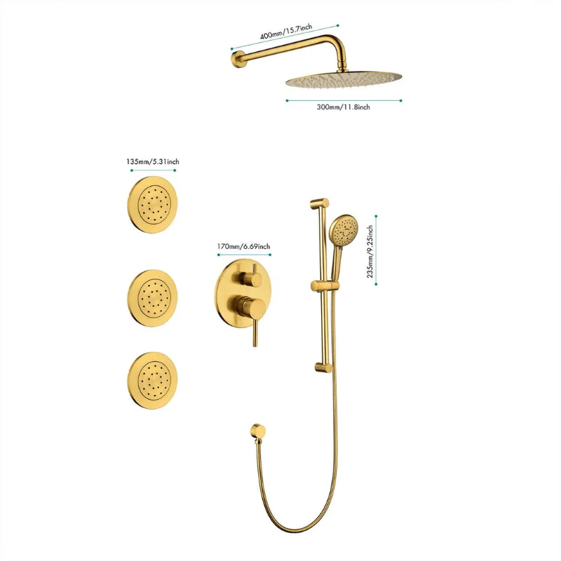 12" Waterfall Rainfall Shower System with Round Shower Head - Brushed Gold -Bathlova