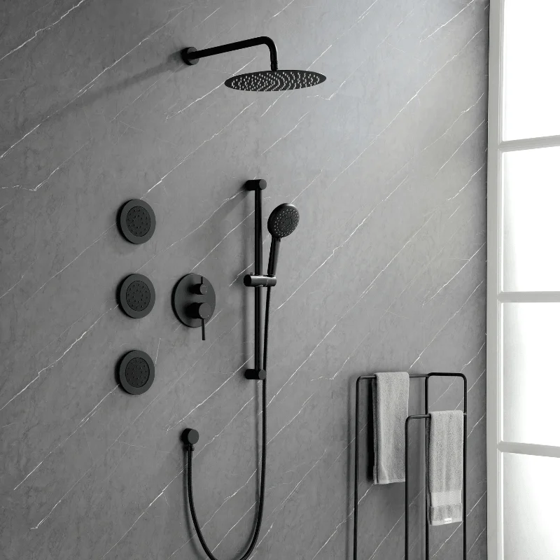 12" Waterfall Rainfall Shower System with Round Shower Head - Matte Black -Bathlova