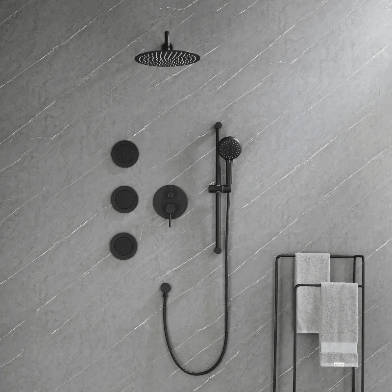 12" Waterfall Rainfall Shower System with Round Shower Head - Matte Black -Bathlova