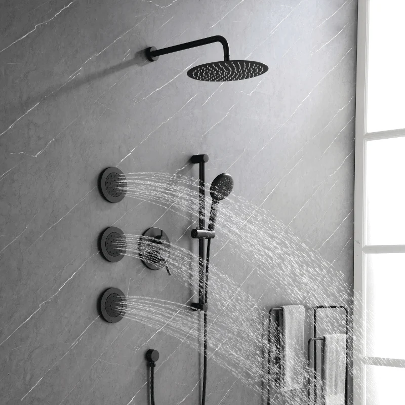 12" Waterfall Rainfall Shower System with Round Shower Head - Matte Black -Bathlova