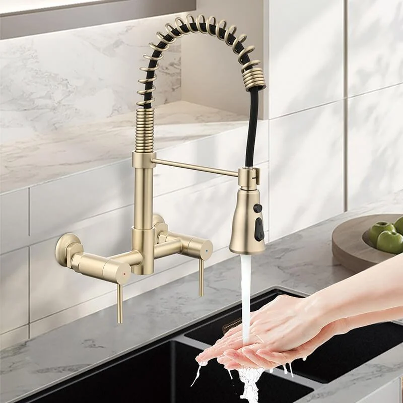 13.8" Brushed Gold 3-Functions Stainless Steel Wall Mounted Pull Down Kitchen Tap -Bathlova