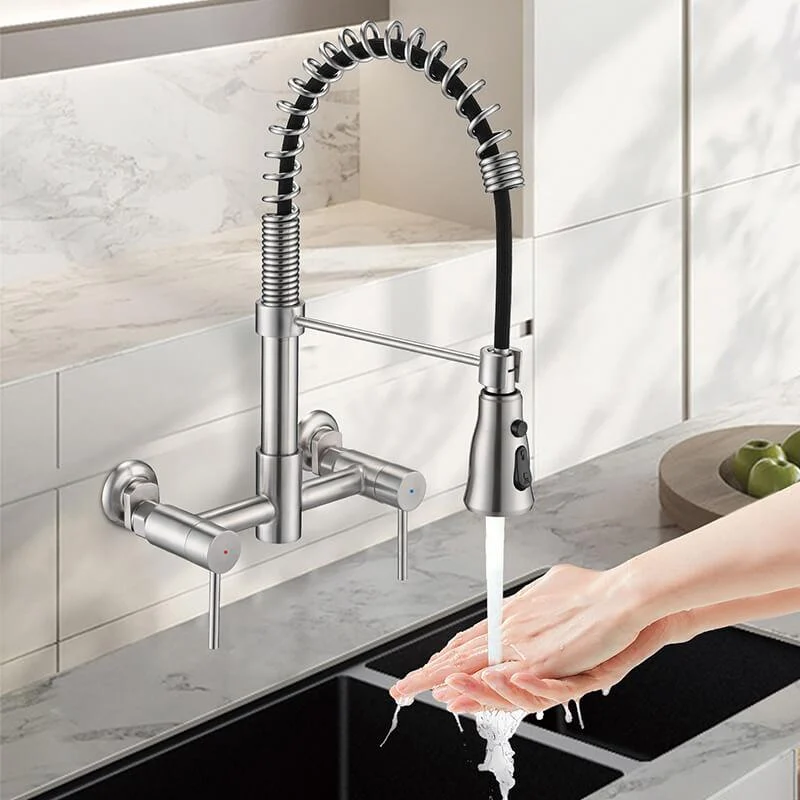 13.8" Brushed Nickel 3-Functions Wall Mounted Pull Down Kitchen Tap - Stainless Steel -Bathlova