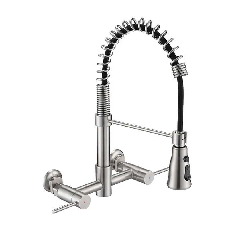 13.8" Brushed Nickel 3-Functions Wall Mounted Pull Down Kitchen Tap - Stainless Steel -Bathlova