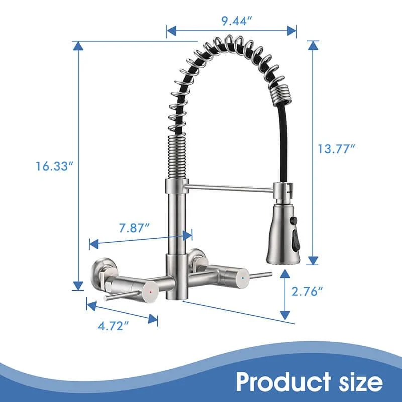 13.8" Brushed Nickel 3-Functions Wall Mounted Pull Down Kitchen Tap - Stainless Steel -Bathlova