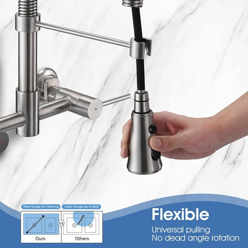 13.8" Brushed Nickel 3-Functions Wall Mounted Pull Down Kitchen Tap - Stainless Steel -Bathlova