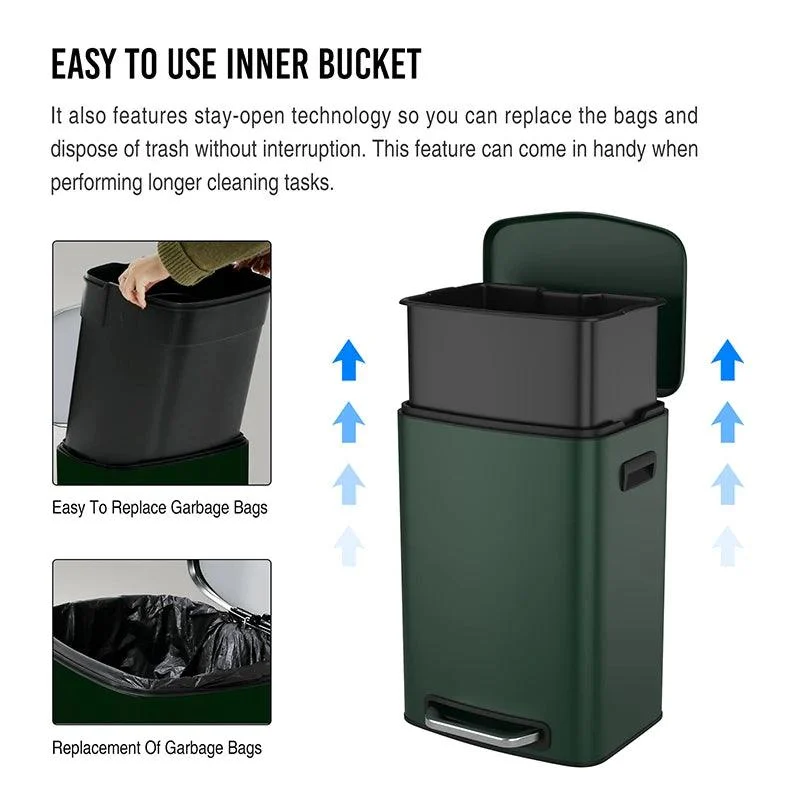 13 Gallon Trash Can with Foot Operated Pedal & Soft Close Lid - 50L Trash Can in Green Finish -Bathlova