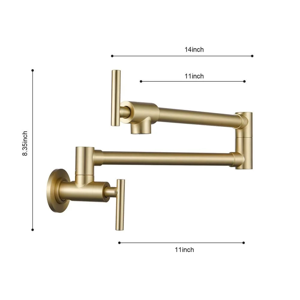 14" Brushed Gold Wall Mounted Foldable Pot Filler Kitchen Tap - Double Handle Tap -Bathlova