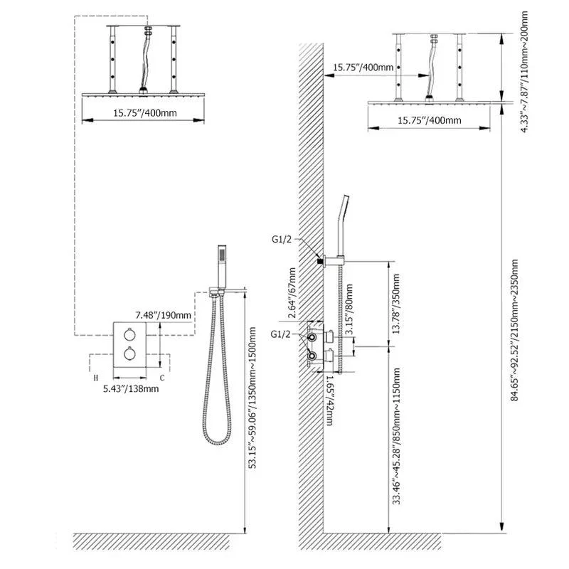 16" Modern Matte Black Thermostatic Shower System -Bathlova