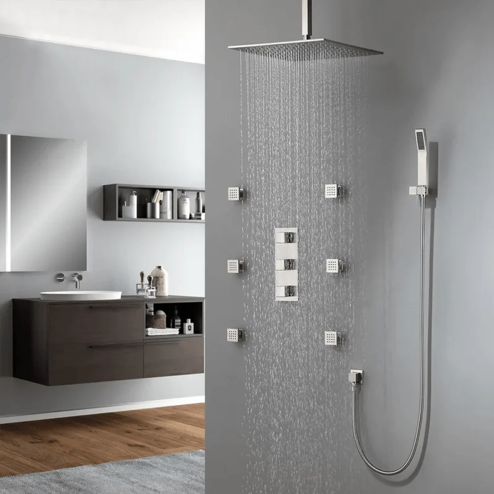 16" Square Ceiling-Mount Shower System - Shower Head 6 Body Sprays Wall Mounted Hand shower -Bathlova