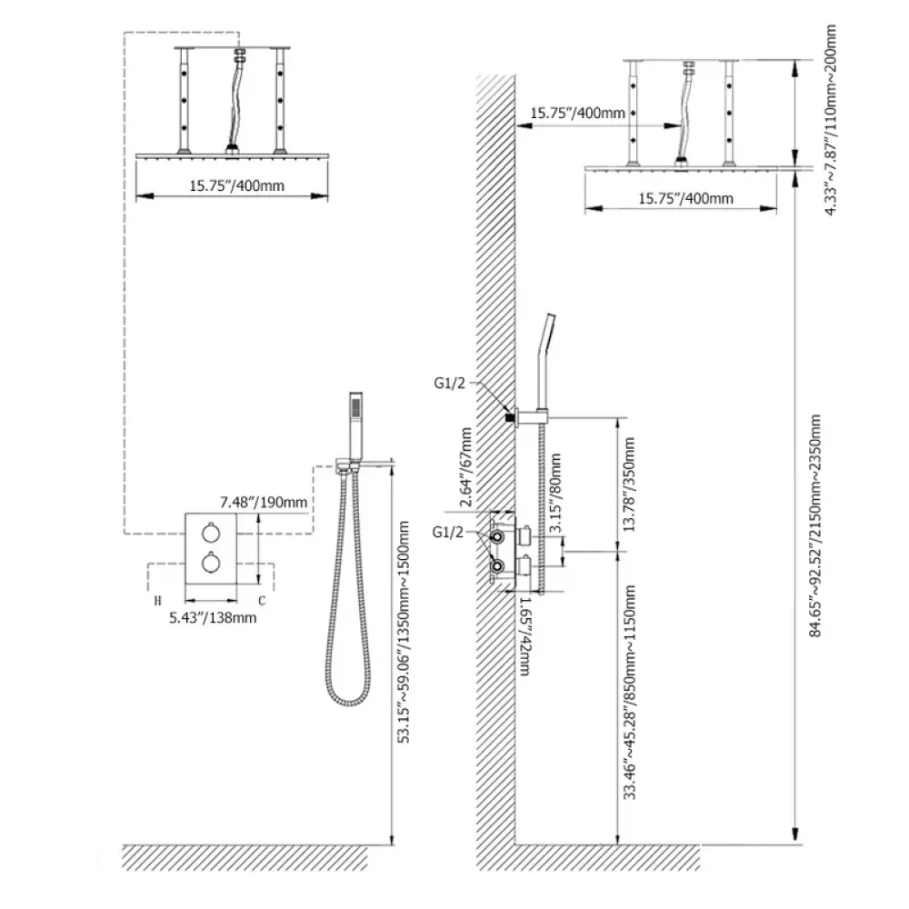 16" Thermostatic Rain Shower System with Hand Shower in Polished Chrome - Solid Brass -Bathlova