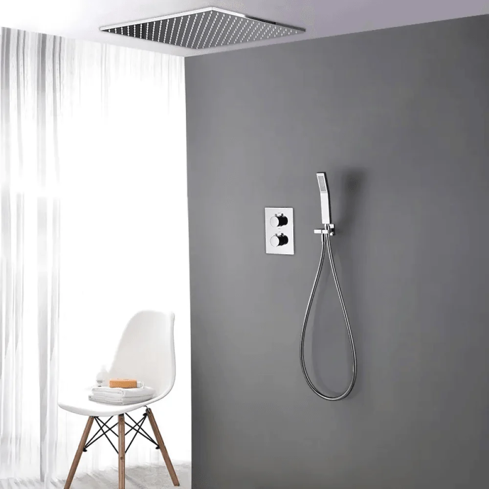 16" Thermostatic Rain Shower System with Hand Shower in Polished Chrome - Solid Brass -Bathlova