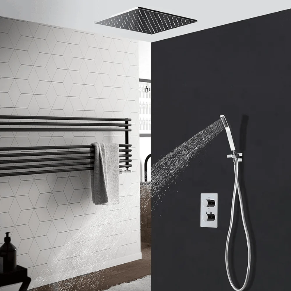 16" Thermostatic Rain Shower System with Hand Shower in Polished Chrome - Solid Brass -Bathlova