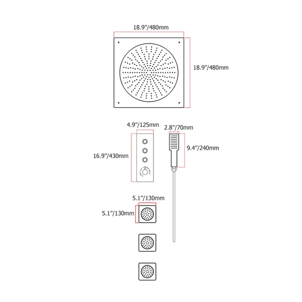 18.9" Ceiling Mounted 3-Function Shower System in Polished Chrome - Thermostatic Valve -Bathlova