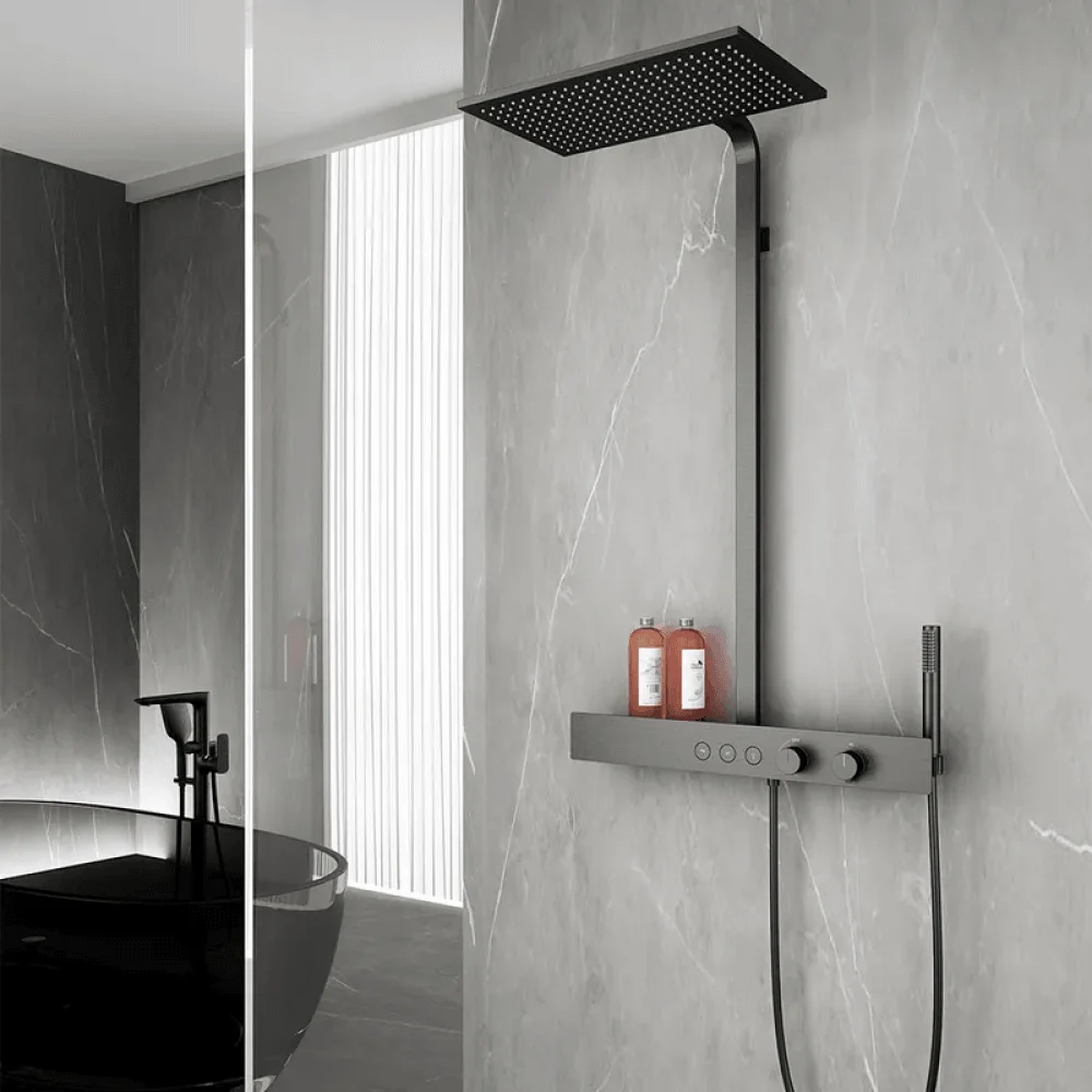 20" x 12" Modern Black Thermostatic Shower System with Hand shower & Rack Solid Brass -Bathlova