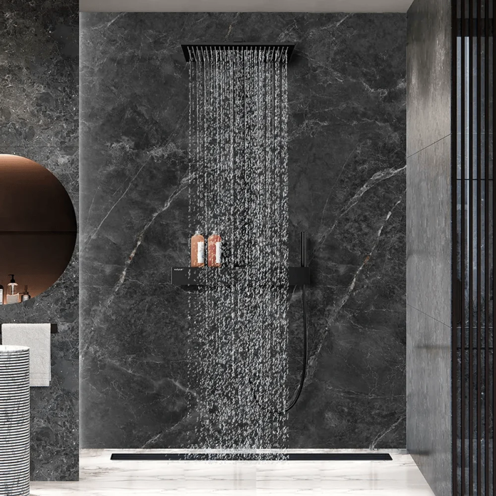 20" x 12" Modern Black Thermostatic Shower System with Hand shower & Rack Solid Brass -Bathlova