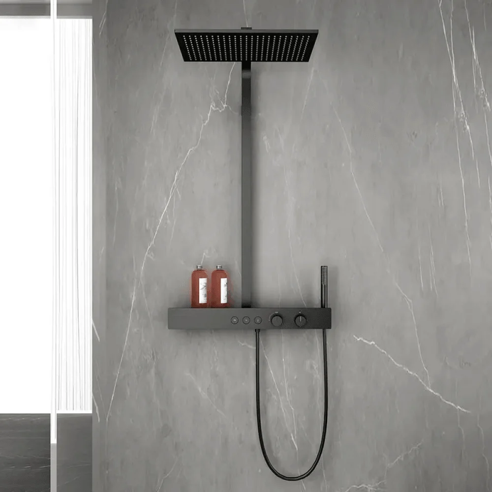 20" x 12" Modern Black Thermostatic Shower System with Hand shower & Rack Solid Brass -Bathlova