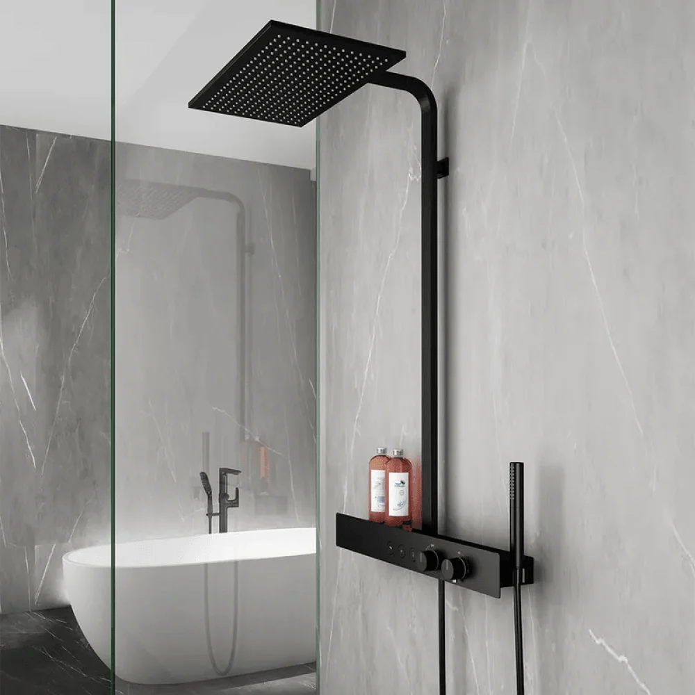 20" x 12" Modern Black Thermostatic Shower System with Hand shower & Rack Solid Brass -Bathlova