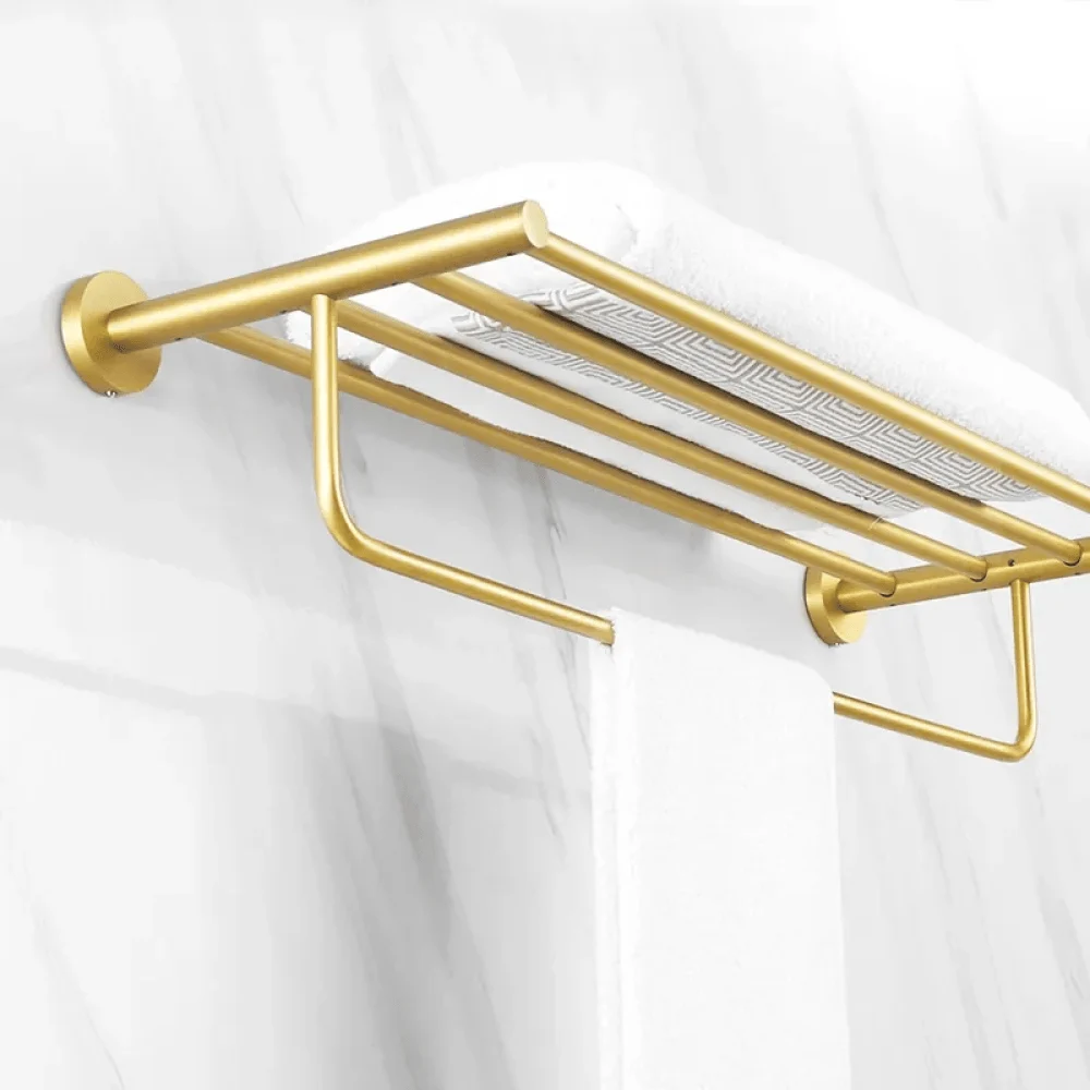 24" Wall Mounted Brass Bathroom Shelf with Towel Rack in Brushed Gold -Bathlova