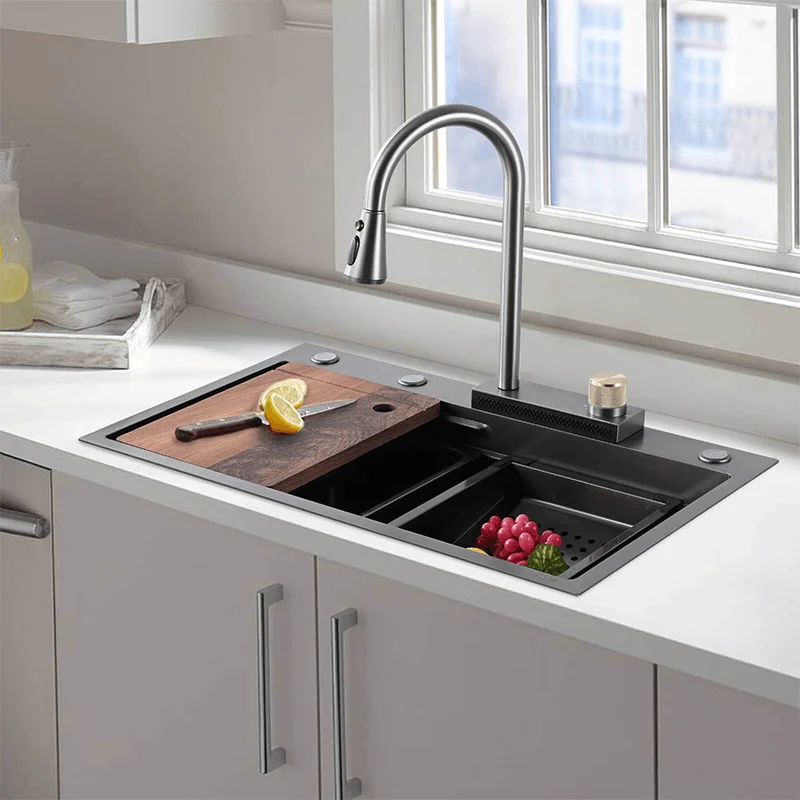 29" Gunmetal Black Waterfall Kitchen Sink Set with Pull Down Tap & Accessories -Bathlova