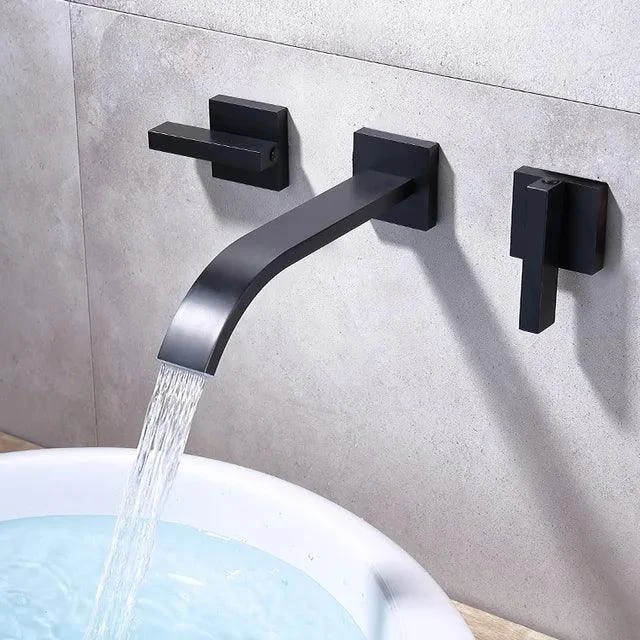 3 Hole Water Tap Wall Mounted Square Bathroom Sink Double Handle Tap -Bathlova