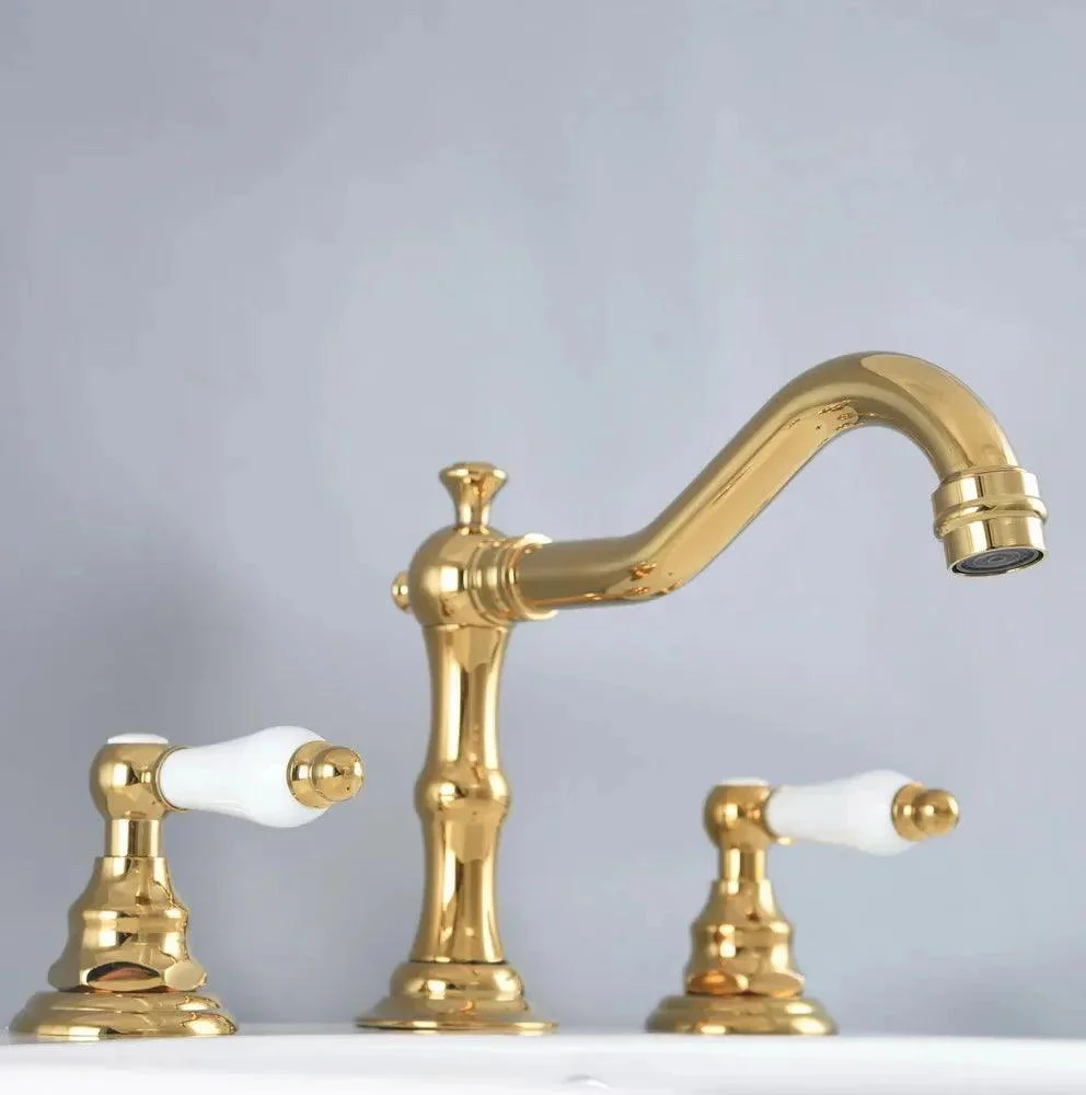 3 Holes Lavatory Sink Tap Gold Widespread Basin Mixer Taps -Bathlova