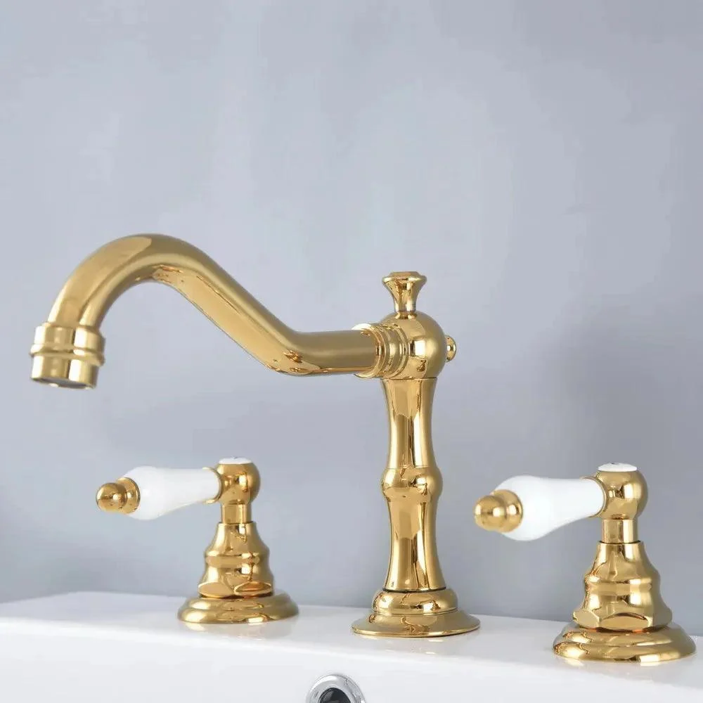 3 Holes Lavatory Sink Tap Gold Widespread Basin Mixer Taps -Bathlova