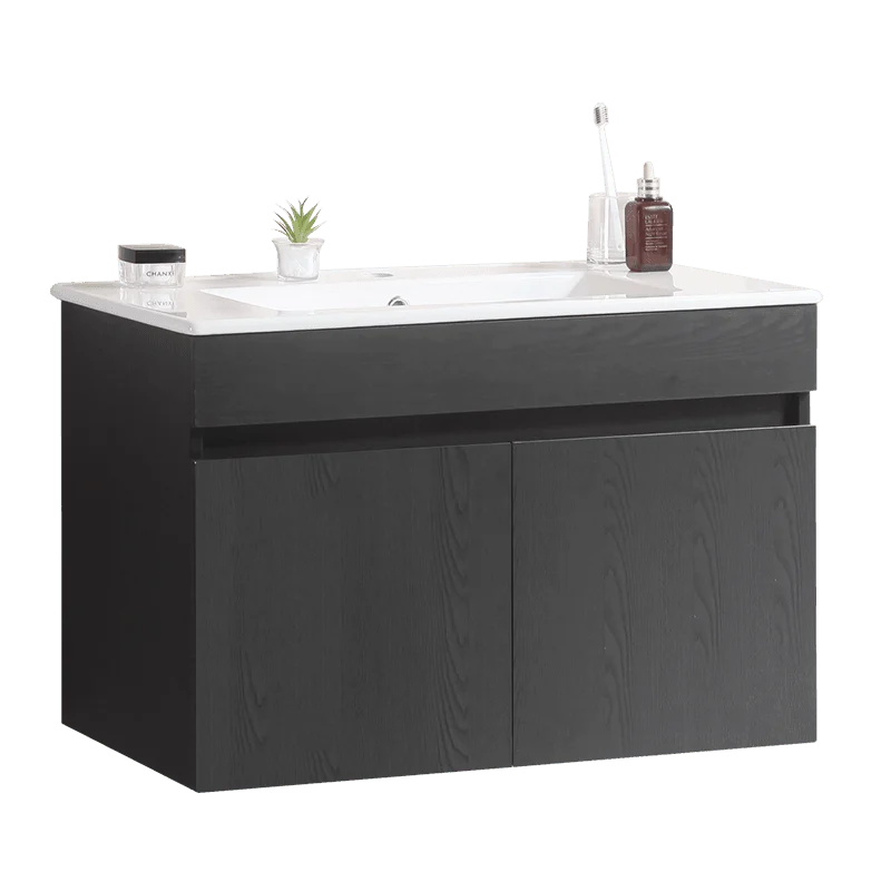 30" Black Wall-mounted Bathroom Vanity with White Ceramic Basin and 2 Soft Close Doors -Bathlova