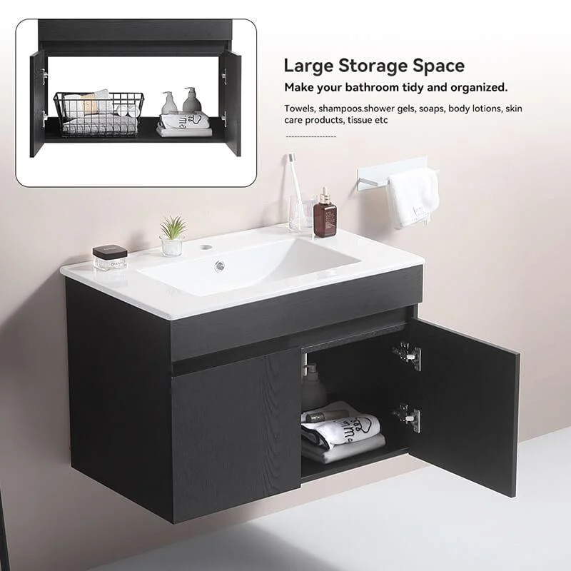 30" Black Wall-mounted Bathroom Vanity with White Ceramic Basin and 2 Soft Close Doors -Bathlova