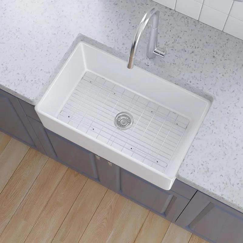 30 Inch Fireclay Farmhouse Sink with Single Bowl, Bottom Grid & Kitchen Sink Drain - White Farmhouse Apron Sink -Bathlova