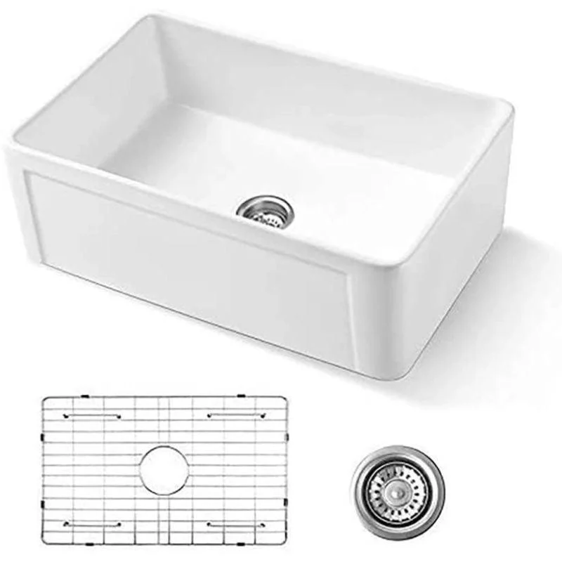 30 Inch Fireclay Farmhouse Sink with Single Bowl, Bottom Grid & Kitchen Sink Drain - White Farmhouse Apron Sink -Bathlova