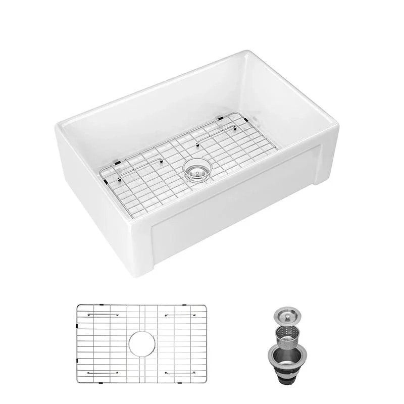 30 Inch White Farmhouse Sink with 304 Stainless Steel Dish Grid & Basket Strainer - Single Bowl Apron Sink -Bathlova