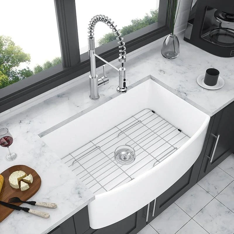 30 Inch White Farmhouse Sink with Stainless Steel Dish Grid & Basket Strainer - Front Arch Single Bowl Apron Sink -Bathlova