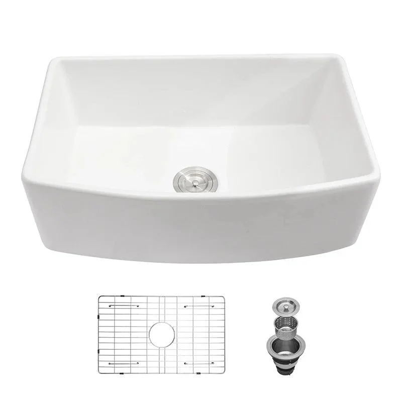 30 Inch White Farmhouse Sink with Stainless Steel Dish Grid & Basket Strainer - Front Arch Single Bowl Apron Sink -Bathlova