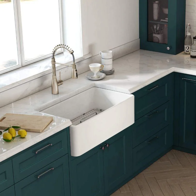 30 Inch White Fireclay Farmhouse Sink with Single Bowl, Bottom Grid & Kitchen Sink Drain - Farmhouse Apron Sink -Bathlova