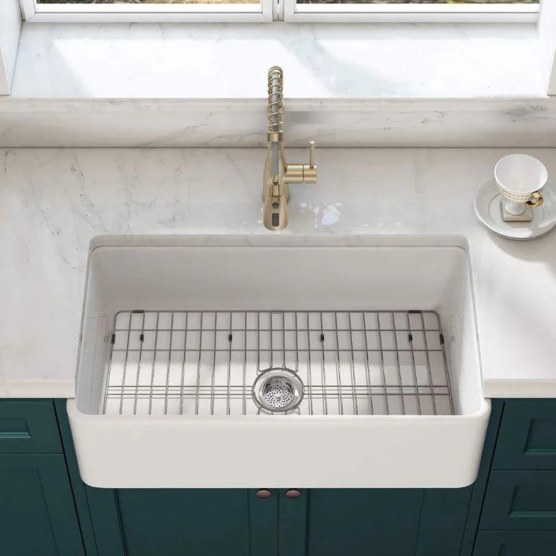 30 Inch White Fireclay Farmhouse Sink with Single Bowl, Bottom Grid & Kitchen Sink Drain - Farmhouse Apron Sink -Bathlova