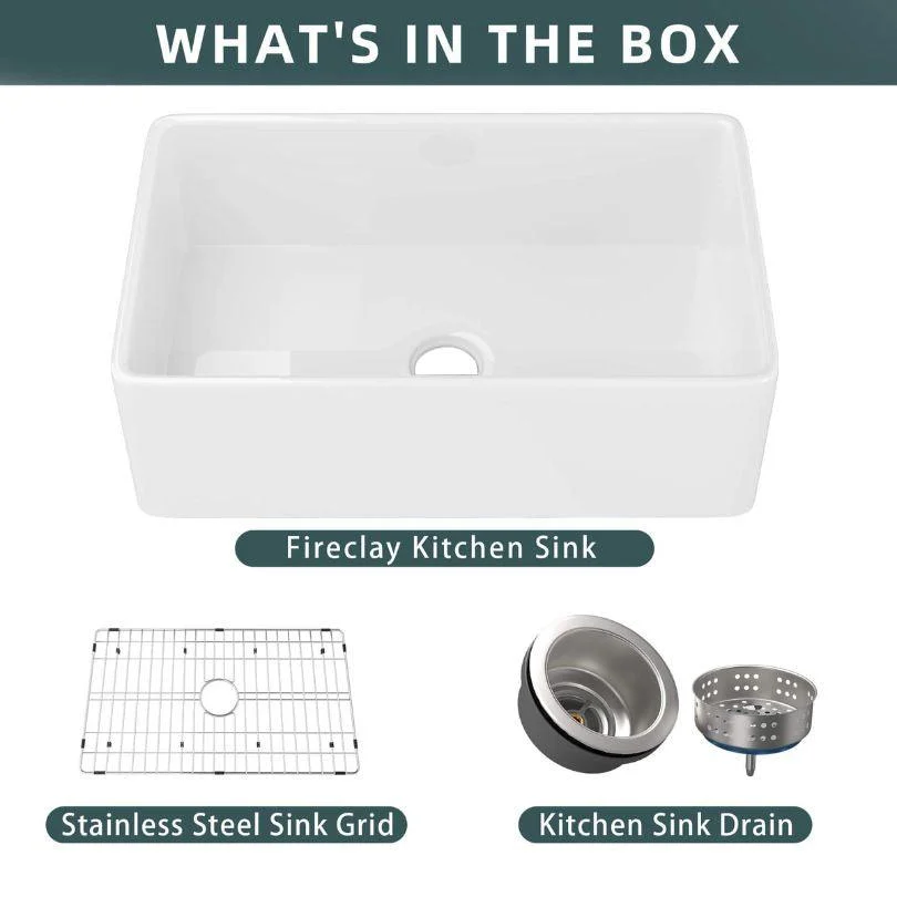 30 Inch White Fireclay Farmhouse Sink with Single Bowl, Bottom Grid & Kitchen Sink Drain - Farmhouse Apron Sink -Bathlova