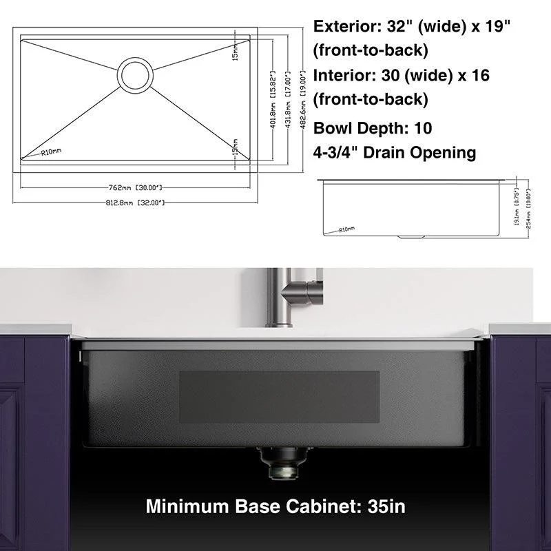 32" Black Undermount Workstation Single Bowl Kitchen Sink - 18 Gauge Stainless Steel Sink -Bathlova