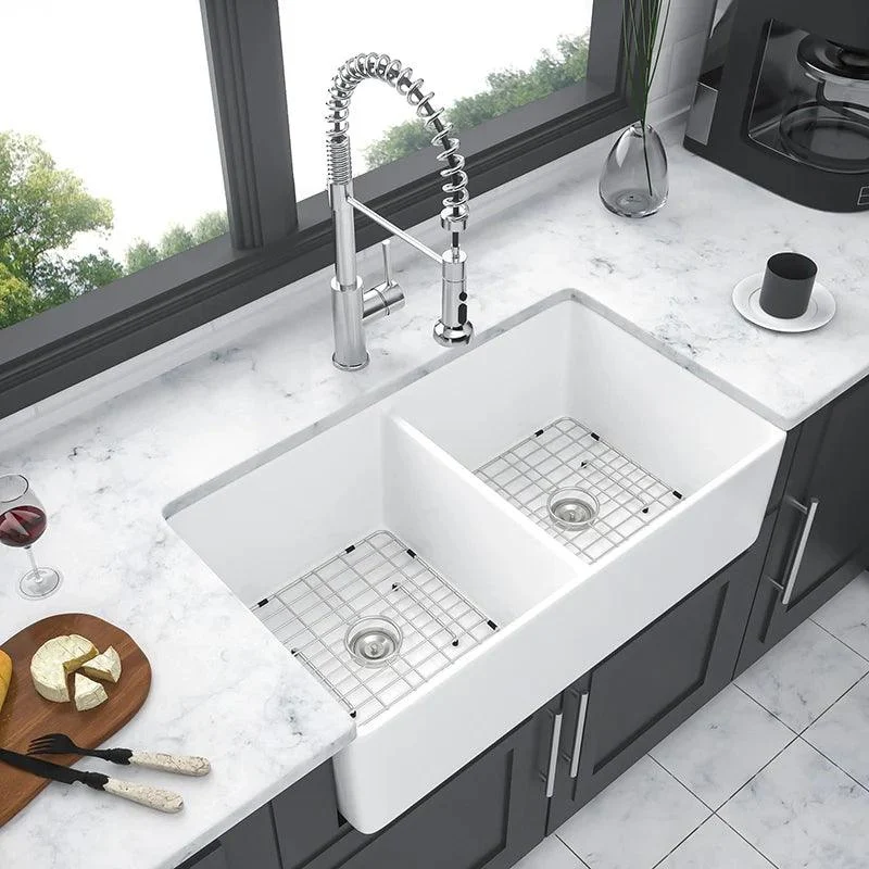 32 Inch White Farmhouse Sink with Stainless Steel Dish Grid & Basket Strainer - Farmhouse Double Bowl Apron Sink -Bathlova