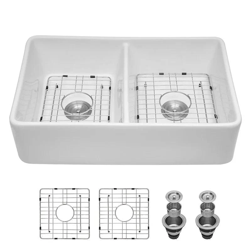 32 Inch White Farmhouse Sink with Stainless Steel Dish Grid & Basket Strainer - Farmhouse Double Bowl Apron Sink -Bathlova