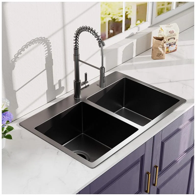 33" Black Double Bowl Top Mount Stainless Steel Kitchen Sink with Black Spring Neck Tap -Bathlova